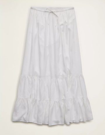 Fresh White Mid-Rise Drawstring Tiered Ruffle Viscose Maxi Skirt