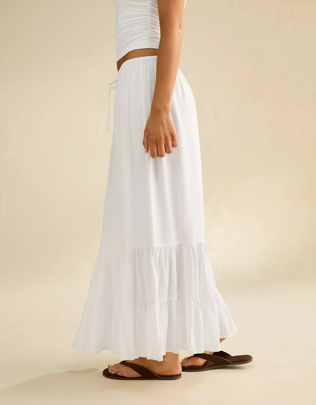 Fresh White Mid-Rise Drawstring Tiered Ruffle Viscose Maxi Skirt