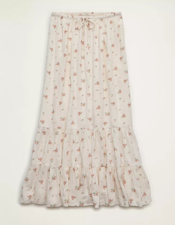 Off-White Floral Drawstring Tiered Ruffle Cotton Maxi Skirt