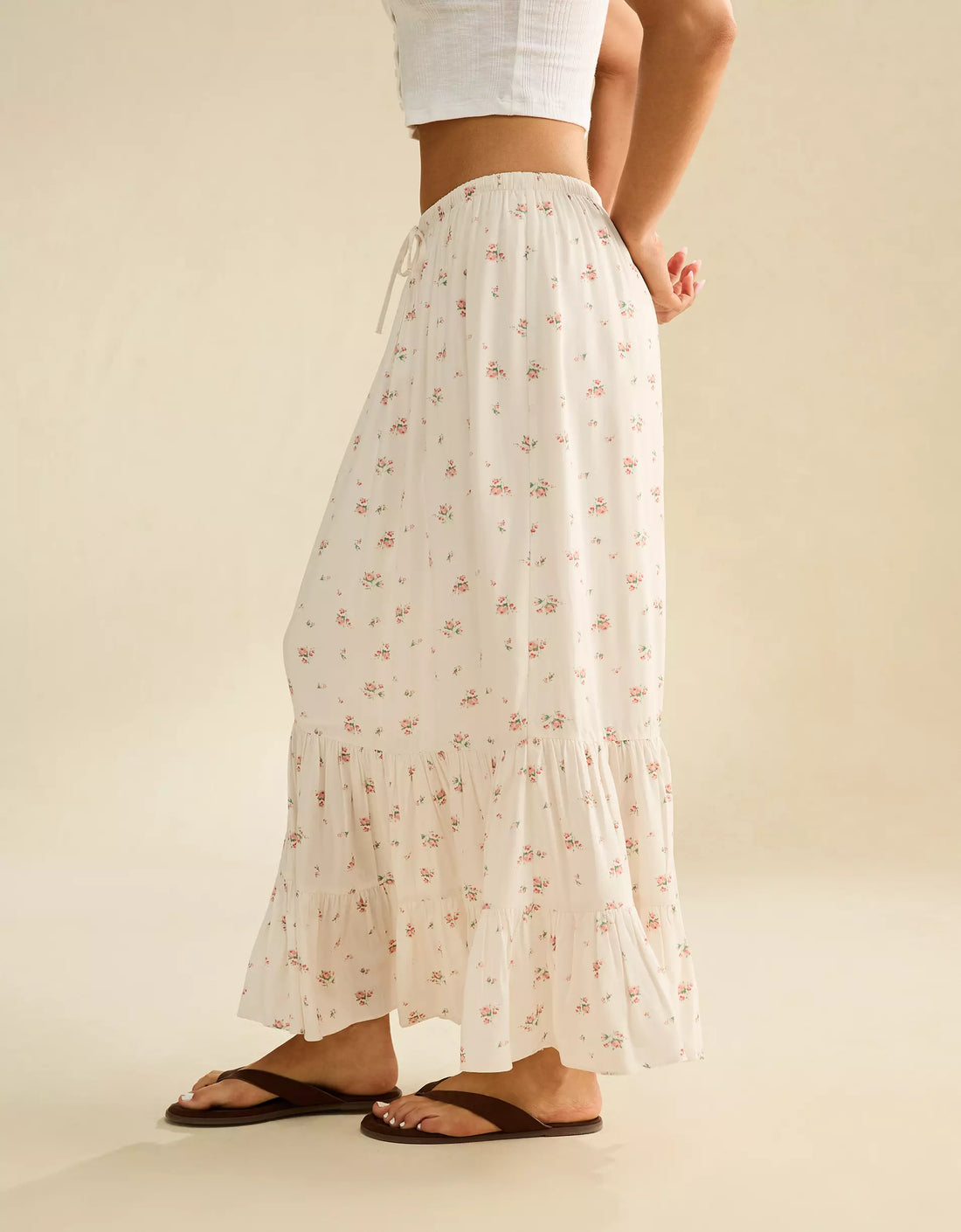 Off-White Floral Drawstring Tiered Ruffle Cotton Maxi Skirt