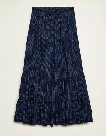 Deep Sea Blue Polka Dot Mid-Rise Drawstring Tiered Ruffle Cotton Maxi Skirt