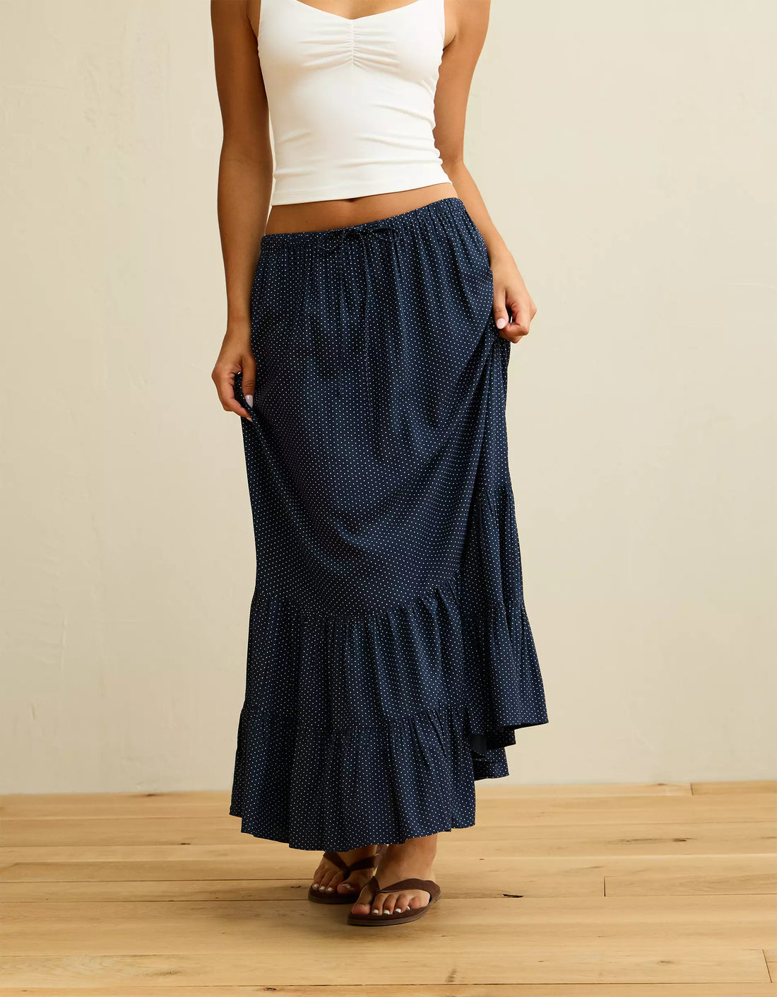 Deep Sea Blue Polka Dot Mid-Rise Drawstring Tiered Ruffle Cotton Maxi Skirt