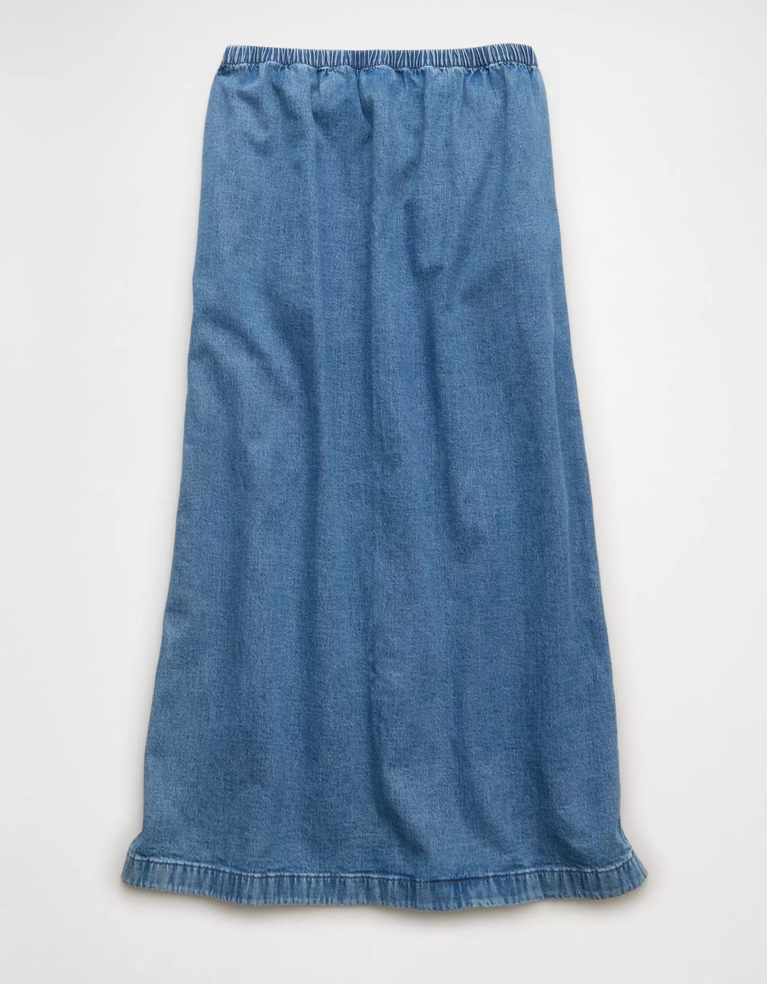 Medium Wash Denim Elastic Drawstring Side Slit Drapey Cotton Maxi Skirt