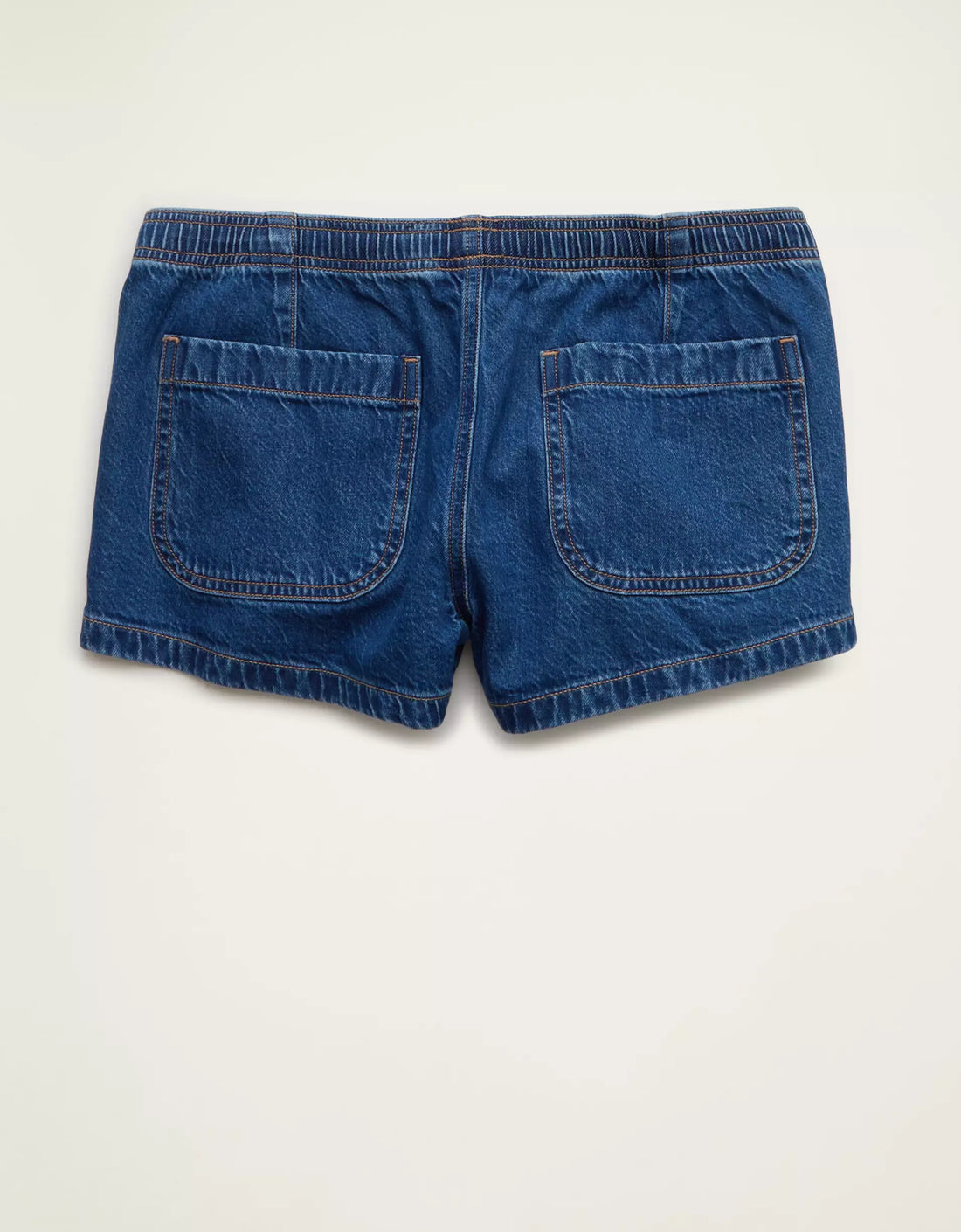 Medium Indigo Wash Super Low-Rise Drawstring Pull-On Denim Shorts