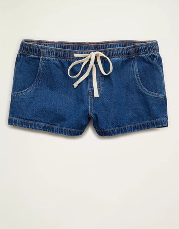 Medium Indigo Wash Super Low-Rise Drawstring Pull-On Denim Shorts