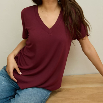 Burgundy V-Neck Short Sleeve Modal Blend Casual T-Shirt