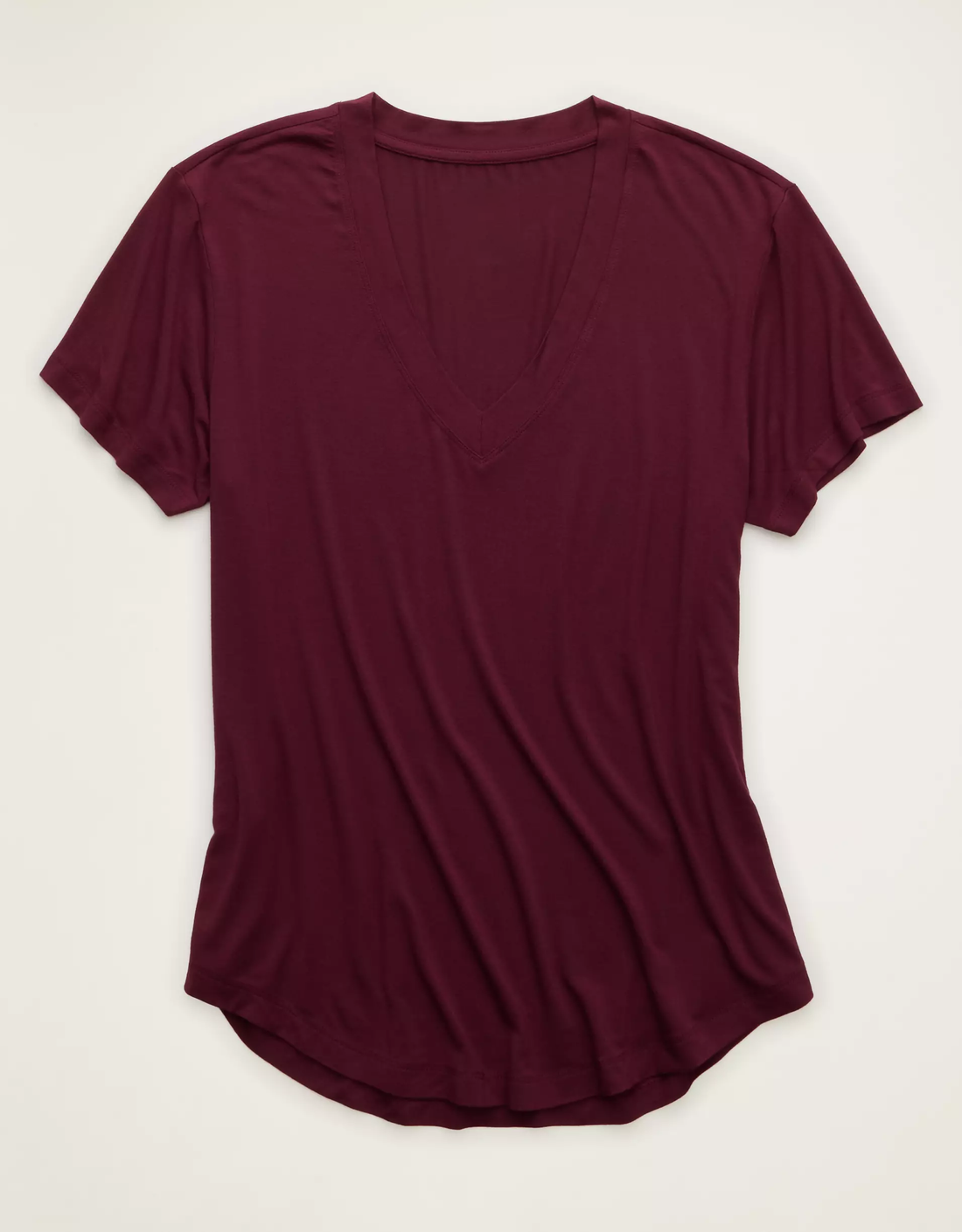 Burgundy V-Neck Short Sleeve Modal Blend Casual T-Shirt