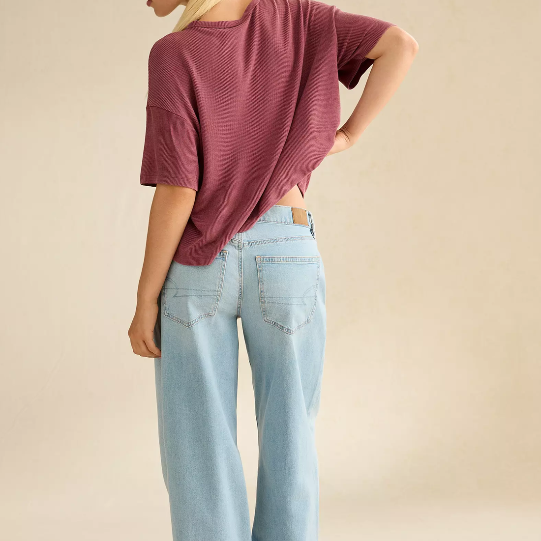 Bordeaux Waffle Texture Crew Neck Modal Blend Loose Short Sleeve T-Shirt