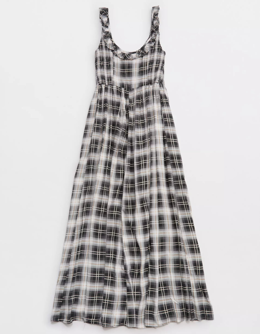 Plaid Ruffle Tie Neck Side Smocked Drapey Rayon Midi Dress