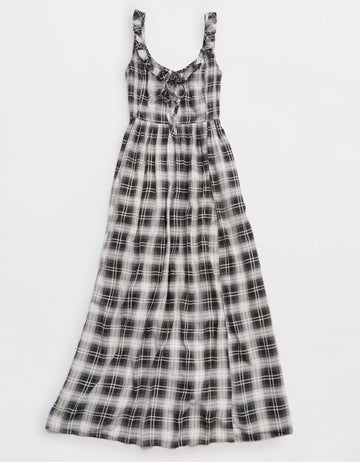 Plaid Ruffle Tie Neck Side Smocked Drapey Rayon Midi Dress
