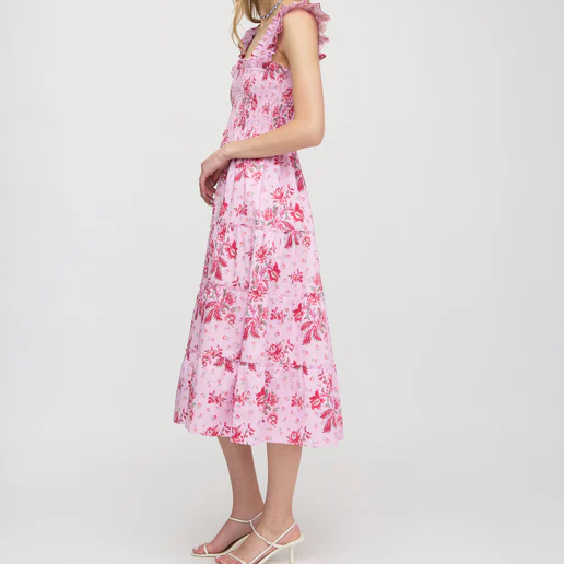 Floral Square Neck Ruffle Shoulder Tiered A-Line Cotton Midi Nap Dress
