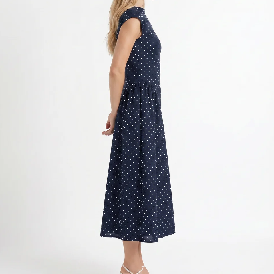 Navy Polka Dot High Neck Cap Sleeve Fit-and-Flare Midi Dress